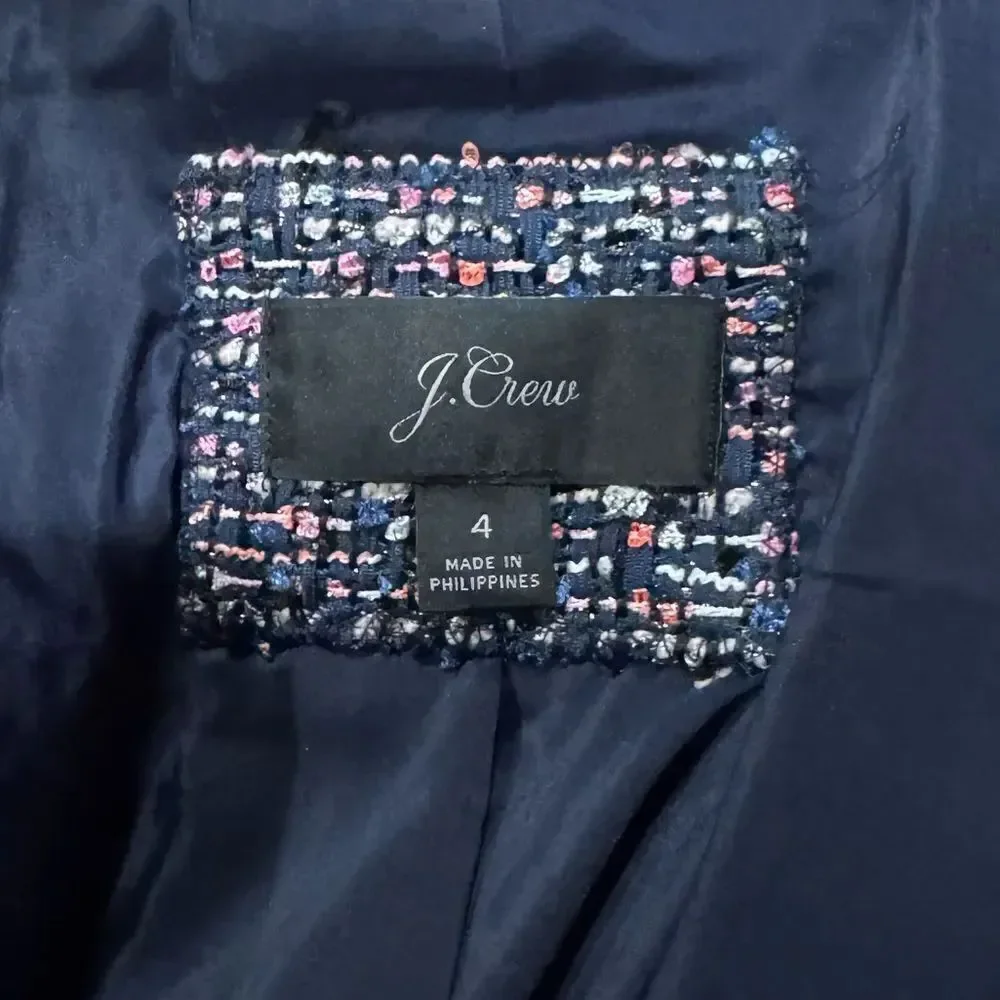J Crew Going Out Blazer In Navy Blue/Pink Confetti Tweed Women’s 4